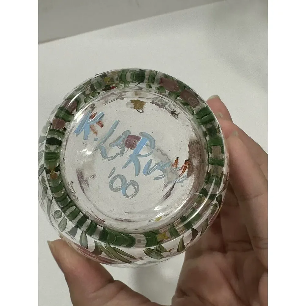 Set Of 2 Vintage Small Hand‎ Painted Floral Clear Glass Vase Signed K. LaRussa